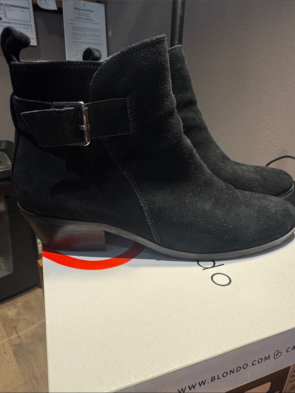 Blondo Saddie Waterproof Black Suede Ankle Bootie with Side Buckle - 9.5
